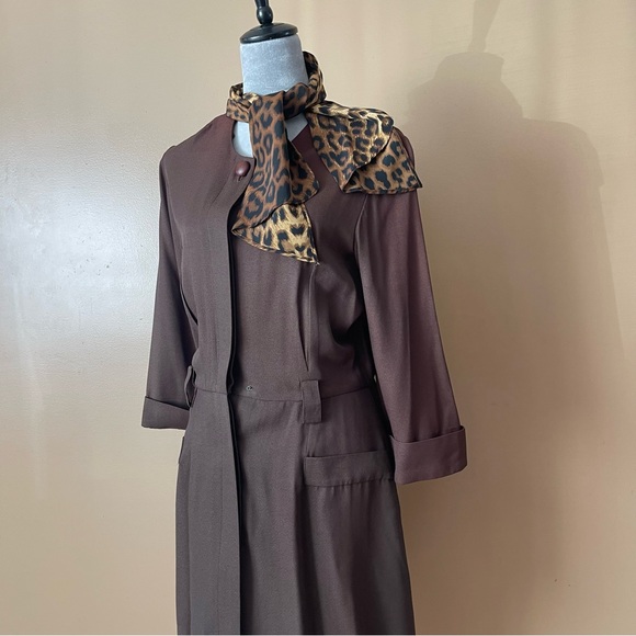 Studio 1 Y2K Vintage Brown Dress with Leopard-Print Scarf size 12 - Picture 2 of 14